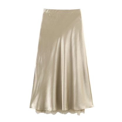 Satin Acetate Lace Patchwork Slit Skirt Long Skirt by Ragazza