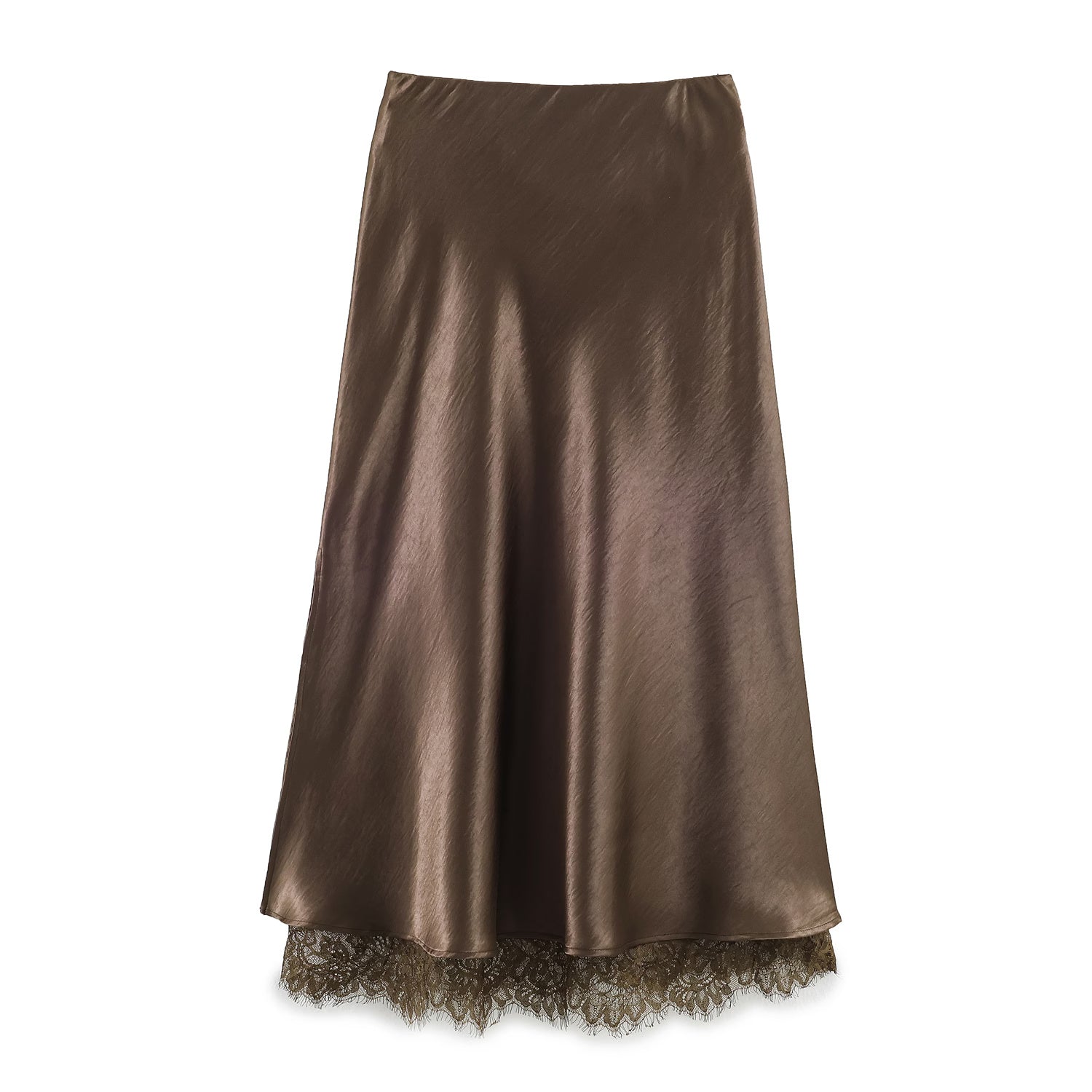 Satin Acetate Lace Patchwork Slit Skirt Long Skirt by Ragazza