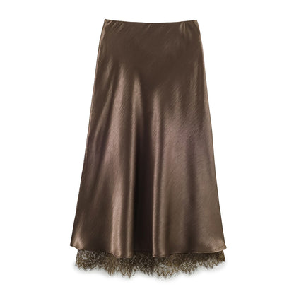 Satin Acetate Lace Patchwork Slit Skirt Long Skirt by Ragazza