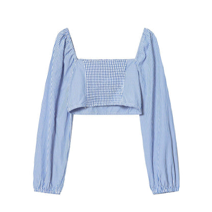 Women Clothing Spring Sexy Design Striped Backless Square Collar Short Shirt Top by Ragazza