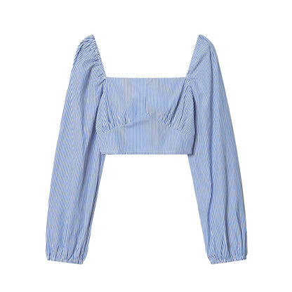 Women Clothing Spring Sexy Design Striped Backless Square Collar Short Shirt Top by Ragazza