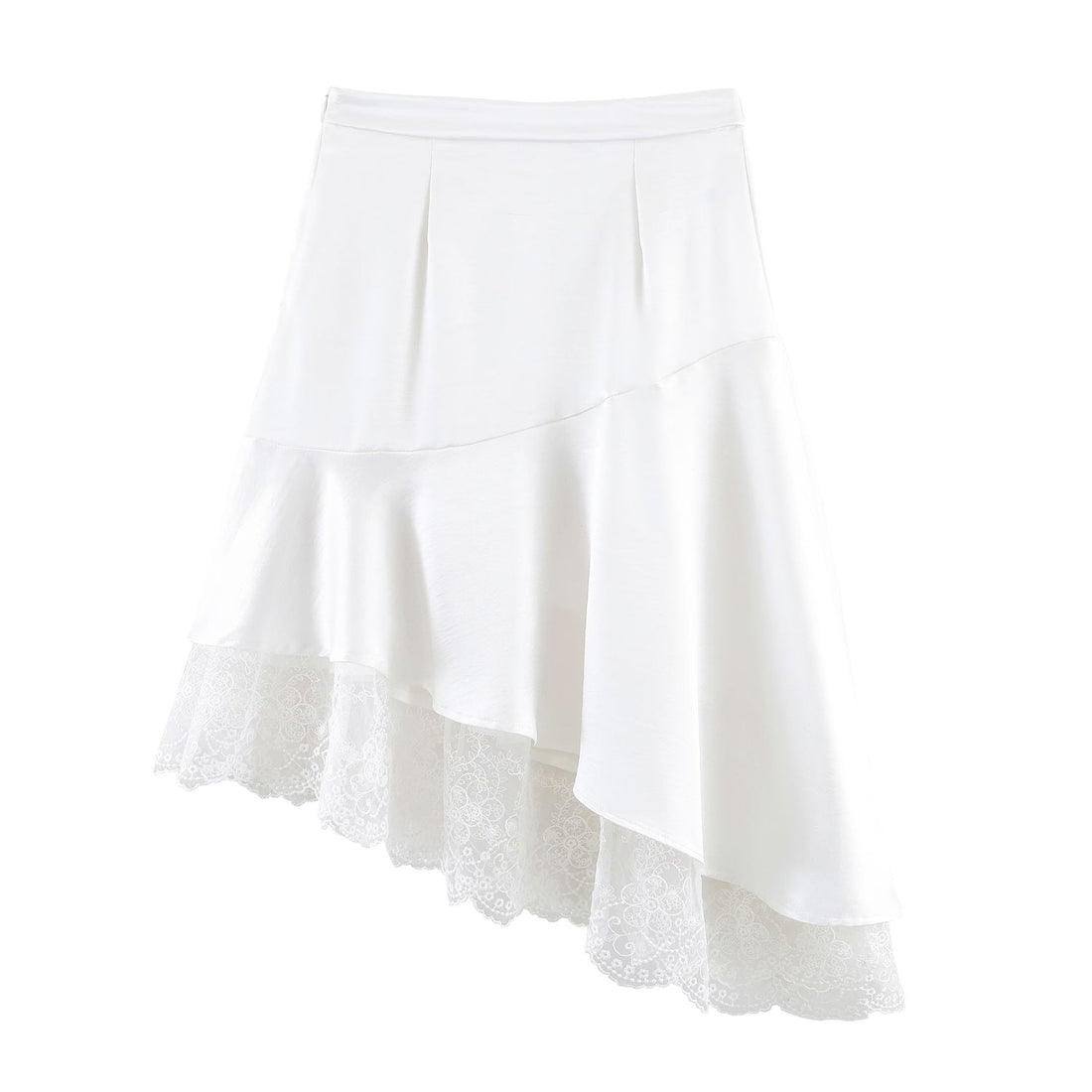 Fashionable Satin Lace Irregular Asymmetric Elegant Stitching Hem Skirt by Ragazza