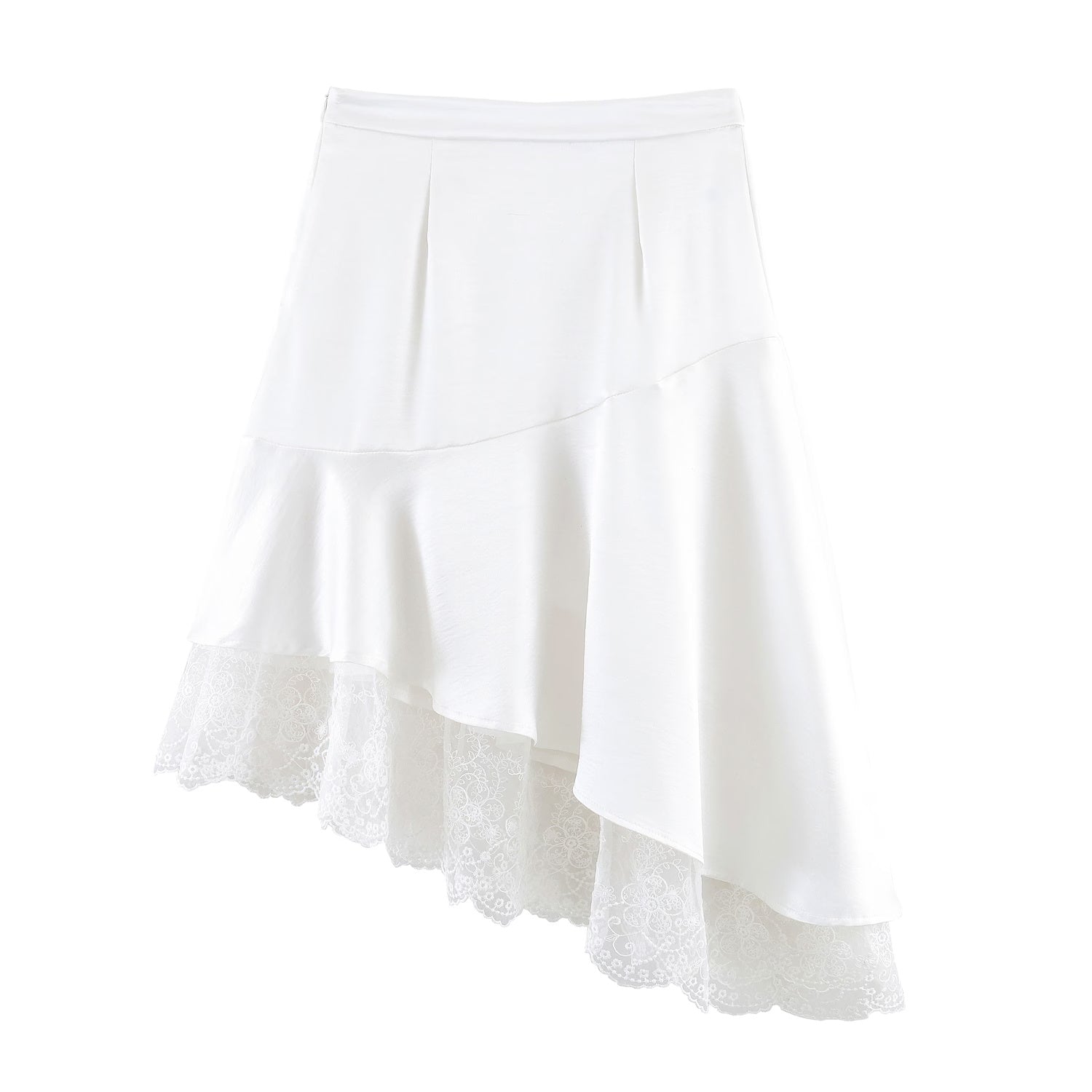 Fashionable Satin Lace Irregular Asymmetric Elegant Stitching Hem Skirt by Ragazza