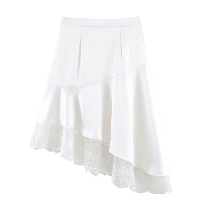 Fashionable Satin Lace Irregular Asymmetric Elegant Stitching Hem Skirt by Ragazza