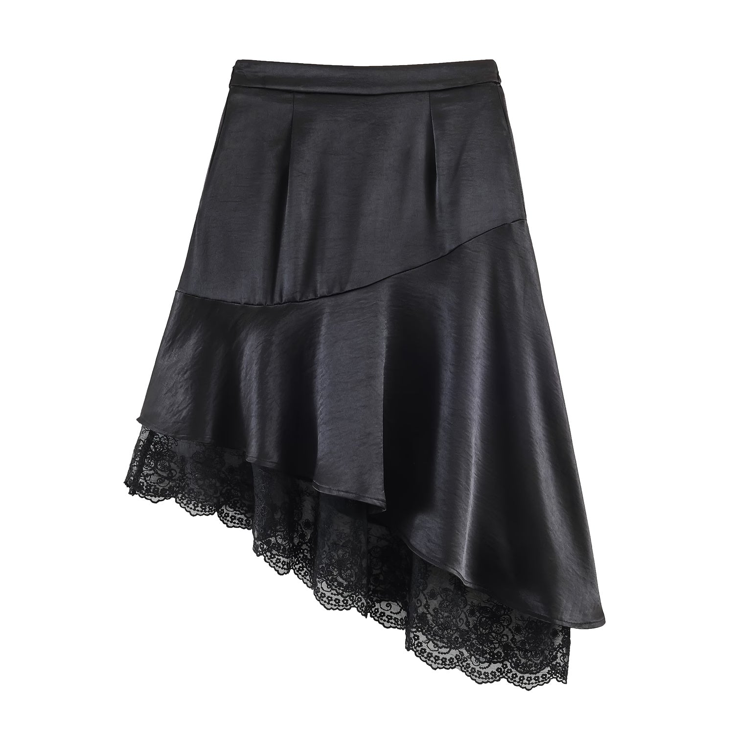 Fashionable Satin Lace Irregular Asymmetric Elegant Stitching Hem Skirt by Ragazza