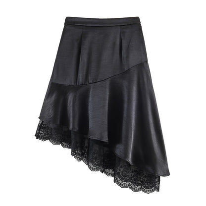 Fashionable Satin Lace Irregular Asymmetric Elegant Stitching Hem Skirt by Ragazza