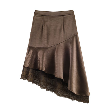 Fashionable Satin Lace Irregular Asymmetric Elegant Stitching Hem Skirt by Ragazza