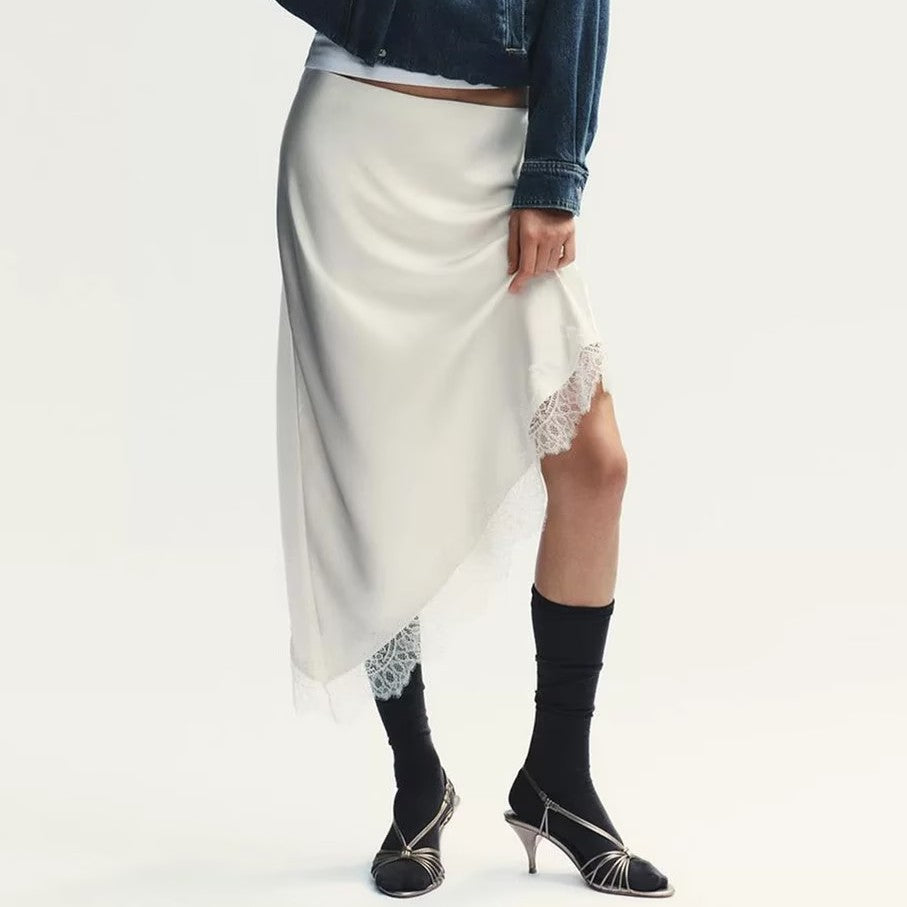 Women Clothing Spring Sexy Satin Acetate Lace Stitching Irregular Asymmetric Skirt by Ragazza