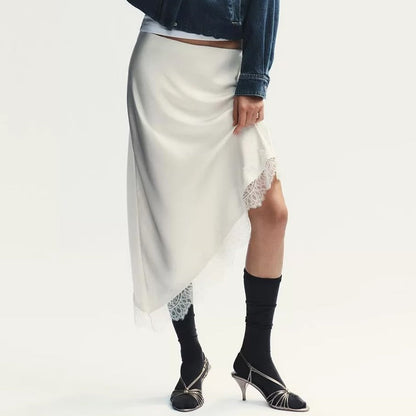 Women Clothing Spring Sexy Satin Acetate Lace Stitching Irregular Asymmetric Skirt by Ragazza