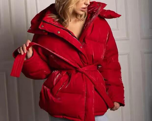 Spring Bright Surface Belt Cotton Padded Jacket All Matching Hooded Zipper Long Sleeve Coat by Ragazza