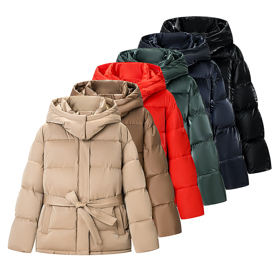Spring Bright Surface Belt Cotton Padded Jacket All Matching Hooded Zipper Long Sleeve Coat by Ragazza