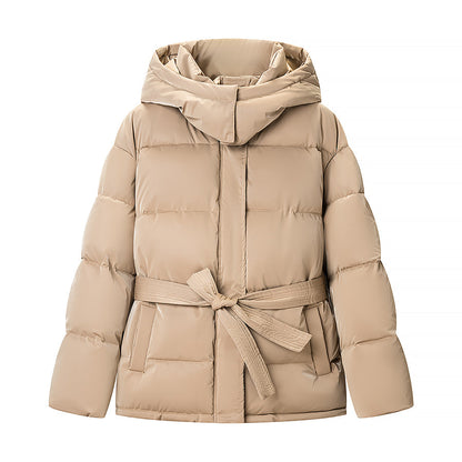 Spring Bright Surface Belt Cotton Padded Jacket All Matching Hooded Zipper Long Sleeve Coat by Ragazza