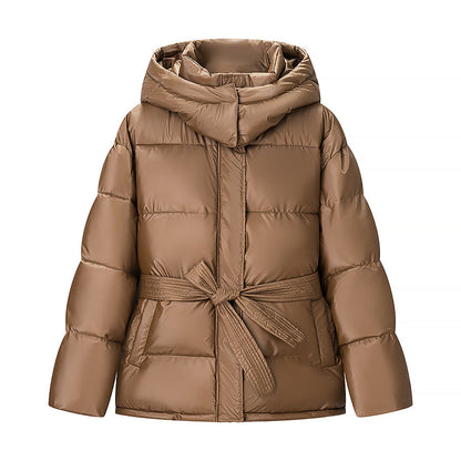 Spring Bright Surface Belt Cotton Padded Jacket All Matching Hooded Zipper Long Sleeve Coat by Ragazza