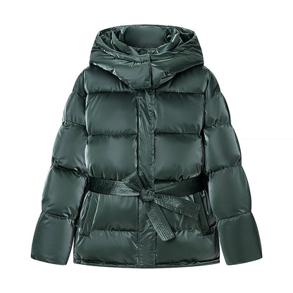 Spring Bright Surface Belt Cotton Padded Jacket All Matching Hooded Zipper Long Sleeve Coat by Ragazza