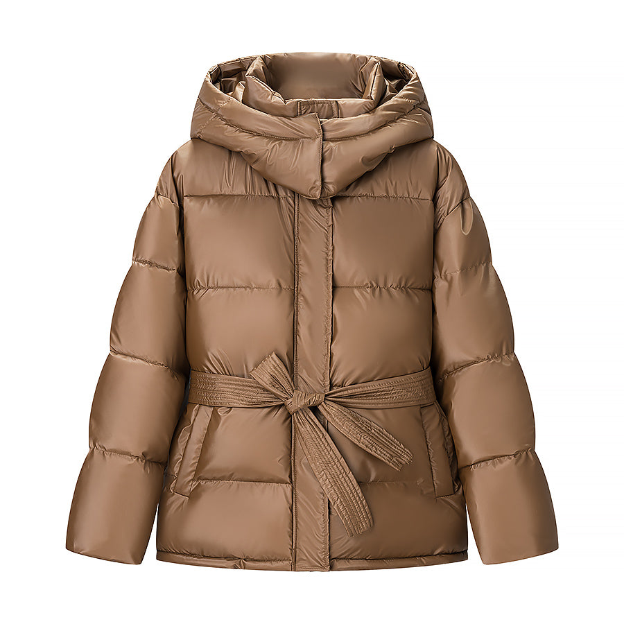Spring Bright Surface Belt Cotton Padded Jacket All Matching Hooded Zipper Long Sleeve Coat by Ragazza