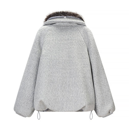 Women Clothing Spring Street Big Fur Collar Woolen Puffer Jacket by Ragazza