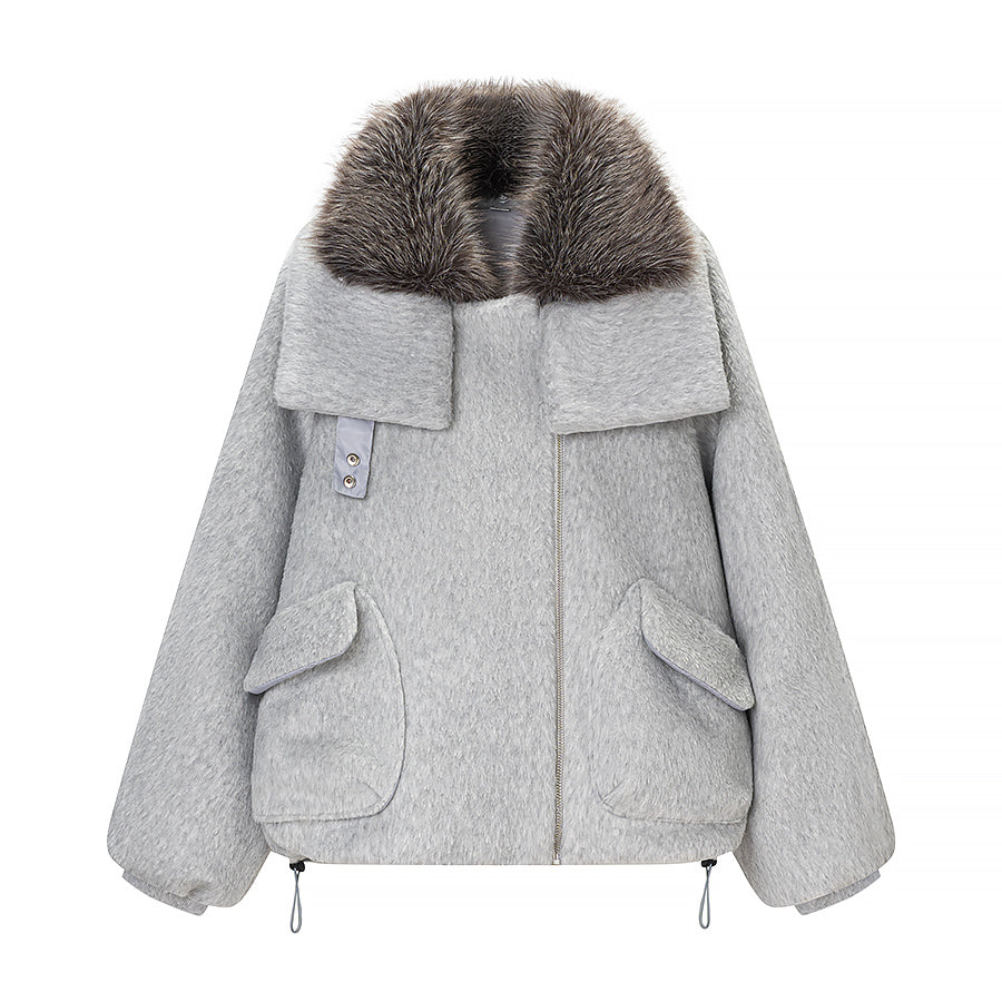 Women Clothing Spring Street Big Fur Collar Woolen Puffer Jacket by Ragazza