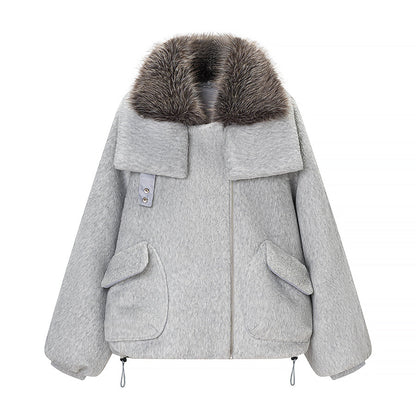 Women Clothing Spring Street Big Fur Collar Woolen Puffer Jacket by Ragazza