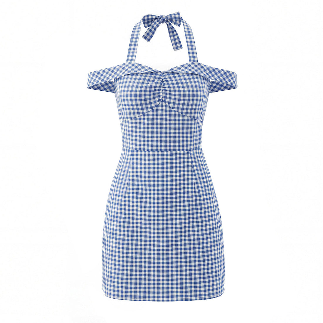 Women French Plaid Sweet Cute Bow Bandage Halterneck off Shoulder Tight Waist Slim Short Dress by Ragazza