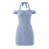 Women French Plaid Sweet Cute Bow Bandage Halterneck off Shoulder Tight Waist Slim Short Dress by Ragazza