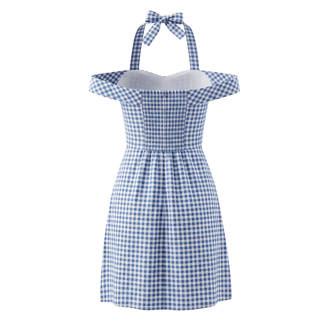 Women French Plaid Sweet Cute Bow Bandage Halterneck off Shoulder Tight Waist Slim Short Dress by Ragazza