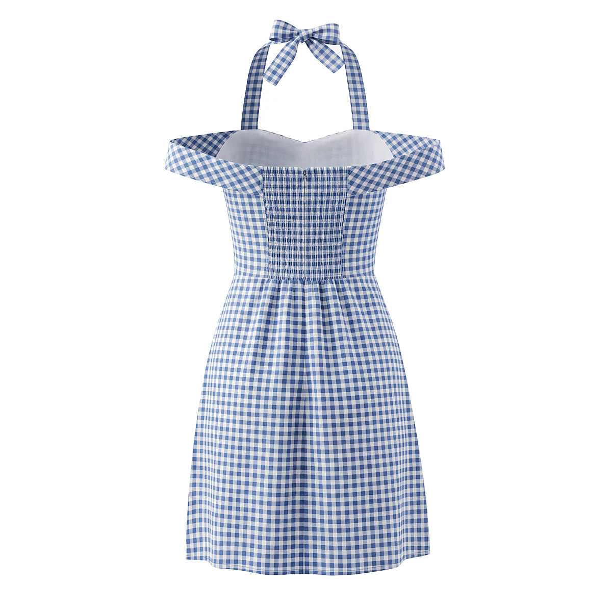 Women French Plaid Sweet Cute Bow Bandage Halterneck off Shoulder Tight Waist Slim Short Dress by Ragazza