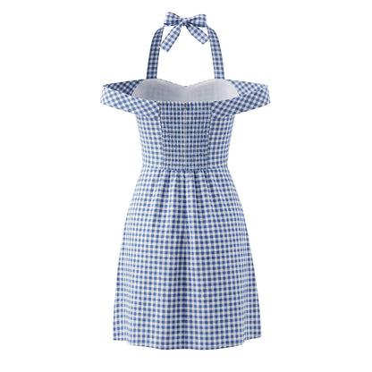 Women French Plaid Sweet Cute Bow Bandage Halterneck off Shoulder Tight Waist Slim Short Dress by Ragazza