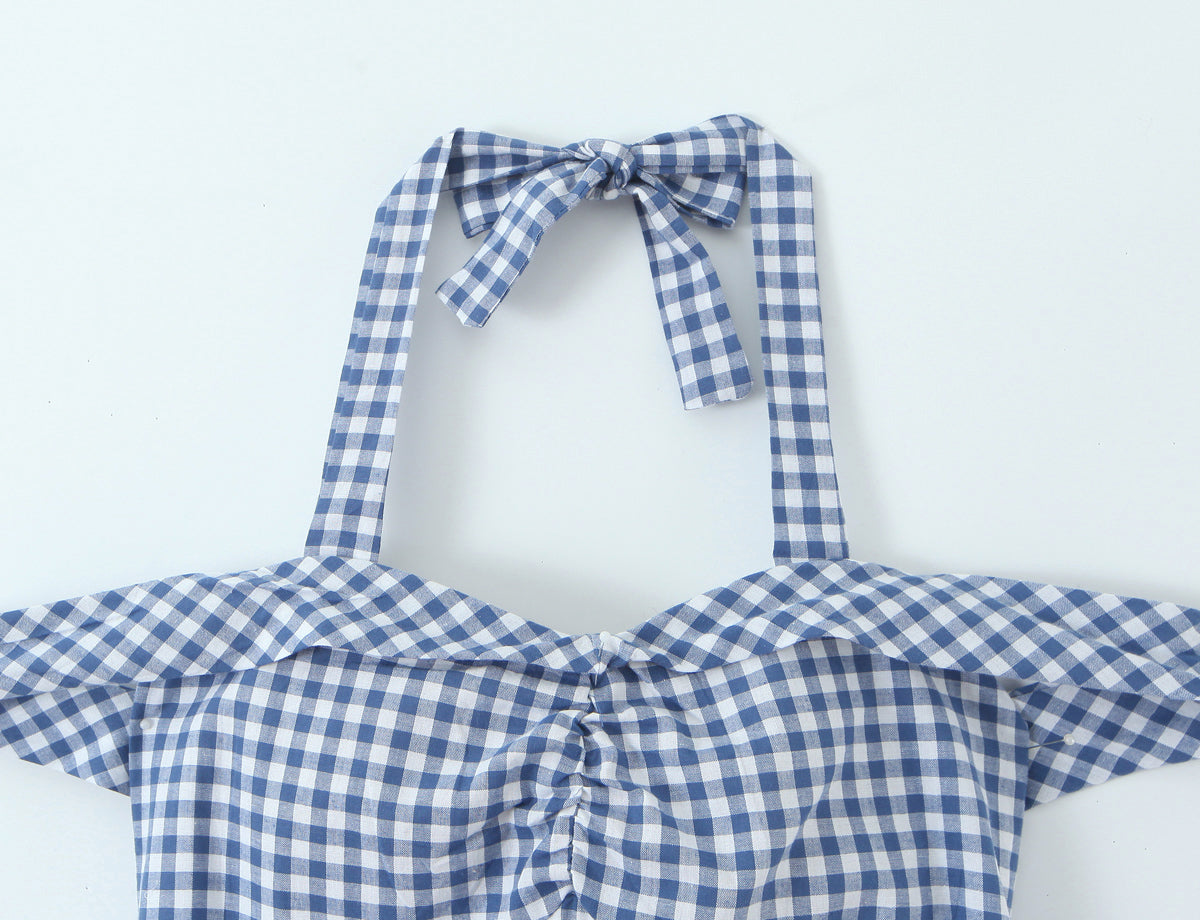 Women French Plaid Sweet Cute Bow Bandage Halterneck off Shoulder Tight Waist Slim Short Dress by Ragazza