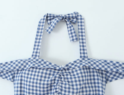 Women French Plaid Sweet Cute Bow Bandage Halterneck off Shoulder Tight Waist Slim Short Dress by Ragazza