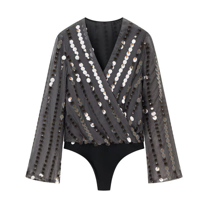 Women Clothing Spring Women Long Sleeve V neck Beads Decoration Jumpsuit by Ragazza
