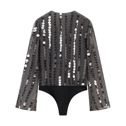Women Clothing Spring Women Long Sleeve V neck Beads Decoration Jumpsuit by Ragazza