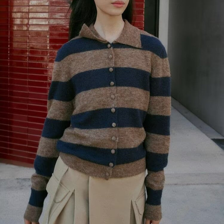 Spring Casual Simple Striped Design Polo Collar Knitwear Women by Ragazza
