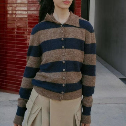 Spring Casual Simple Striped Design Polo Collar Knitwear Women by Ragazza