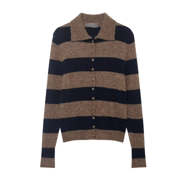 Spring Casual Simple Striped Design Polo Collar Knitwear Women by Ragazza