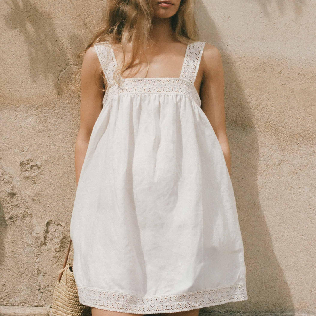 Women Lace Stitching Cami Dress Summer Loose Slimming White Holiday Short Dress by Ragazza