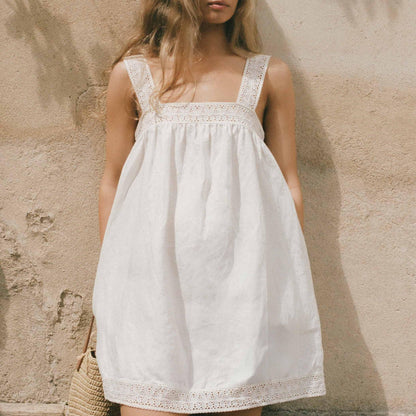 Women Lace Stitching Cami Dress Summer Loose Slimming White Holiday Short Dress by Ragazza