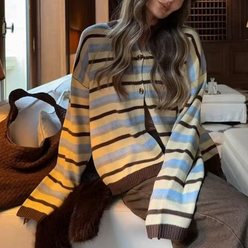 Round Neck Long Sleeve Loose Contrast Color Striped Lazy Knitted Sweater Women by Ragazza