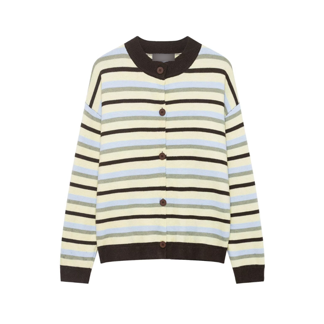 Round Neck Long Sleeve Loose Contrast Color Striped Lazy Knitted Sweater Women by Ragazza