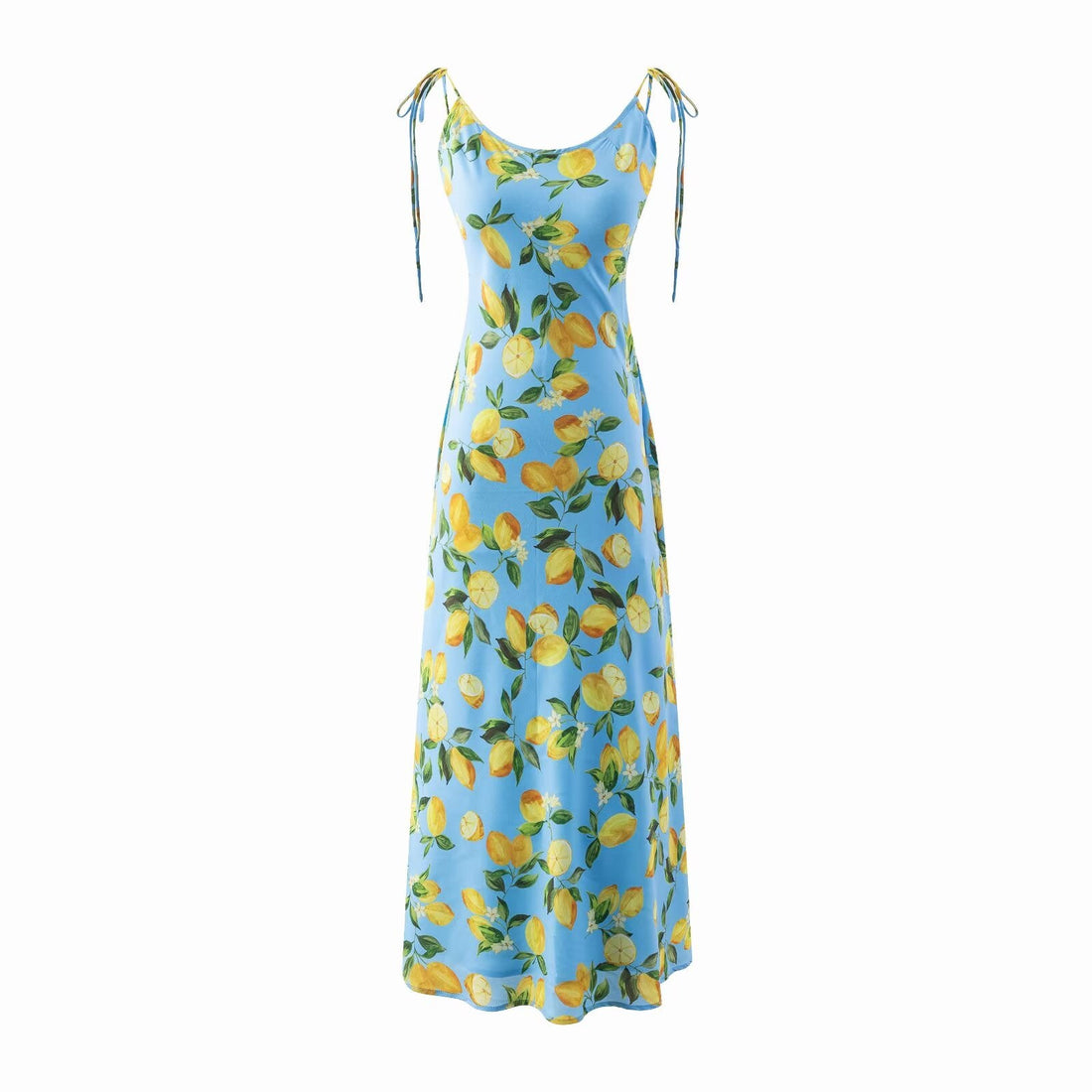 Spring Big U Neck Sweet Lemon Printing Chic Sleeveless Mid-Length Lace up Dress by Ragazza