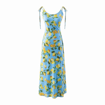 Spring Big U Neck Sweet Lemon Printing Chic Sleeveless Mid-Length Lace up Dress by Ragazza