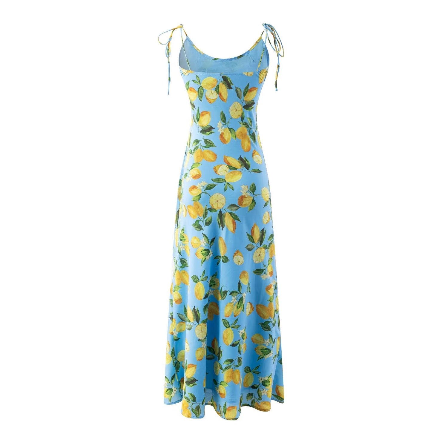 Spring Big U Neck Sweet Lemon Printing Chic Sleeveless Mid-Length Lace up Dress by Ragazza
