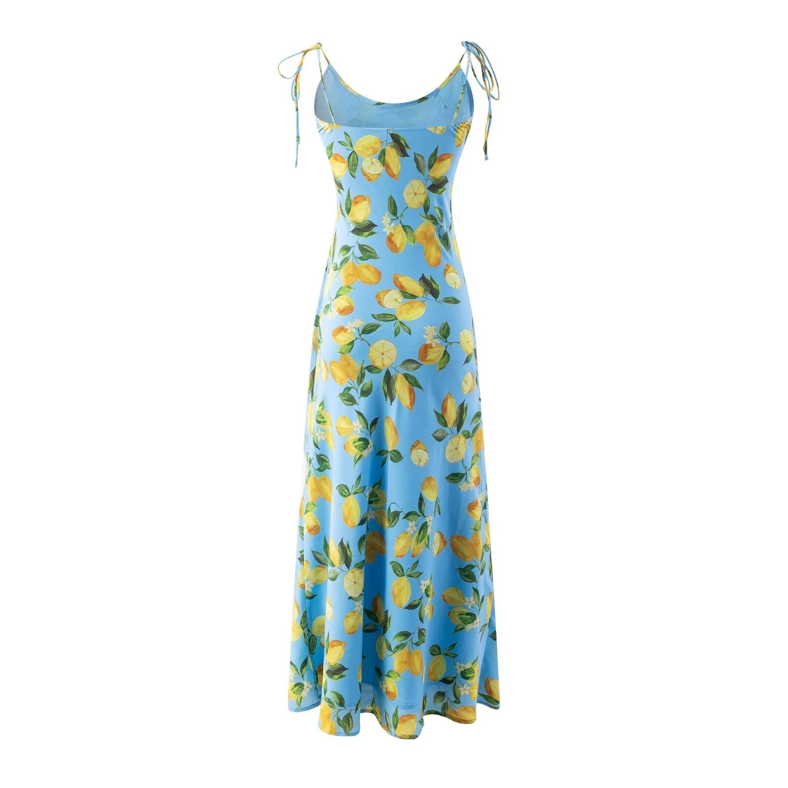 Spring Big U Neck Sweet Lemon Printing Chic Sleeveless Mid-Length Lace up Dress by Ragazza