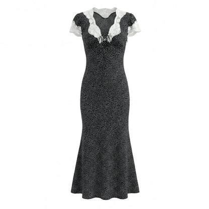 French Retro Beautiful Seaside Vacation Maxi Dress Lace Stitching Polka Dot Elegant Graceful Dress by Ragazza