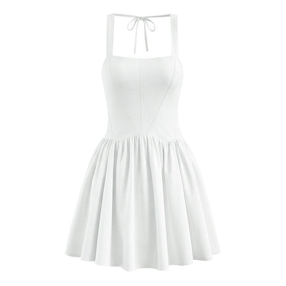 Early Spring French Vintage Sexy Square Collar Strap Halter Pleated Mini Dress by Ragazza