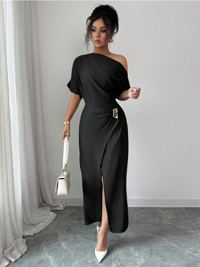 Spring Summer off the Shoulder Dress Women Solid Color Split Elegant Slim Fit Sheath Dress by Ragazza