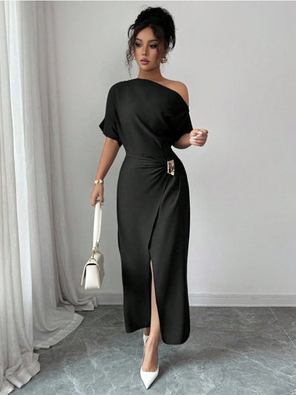 Spring Summer off the Shoulder Dress Women Solid Color Split Elegant Slim Fit Sheath Dress by Ragazza