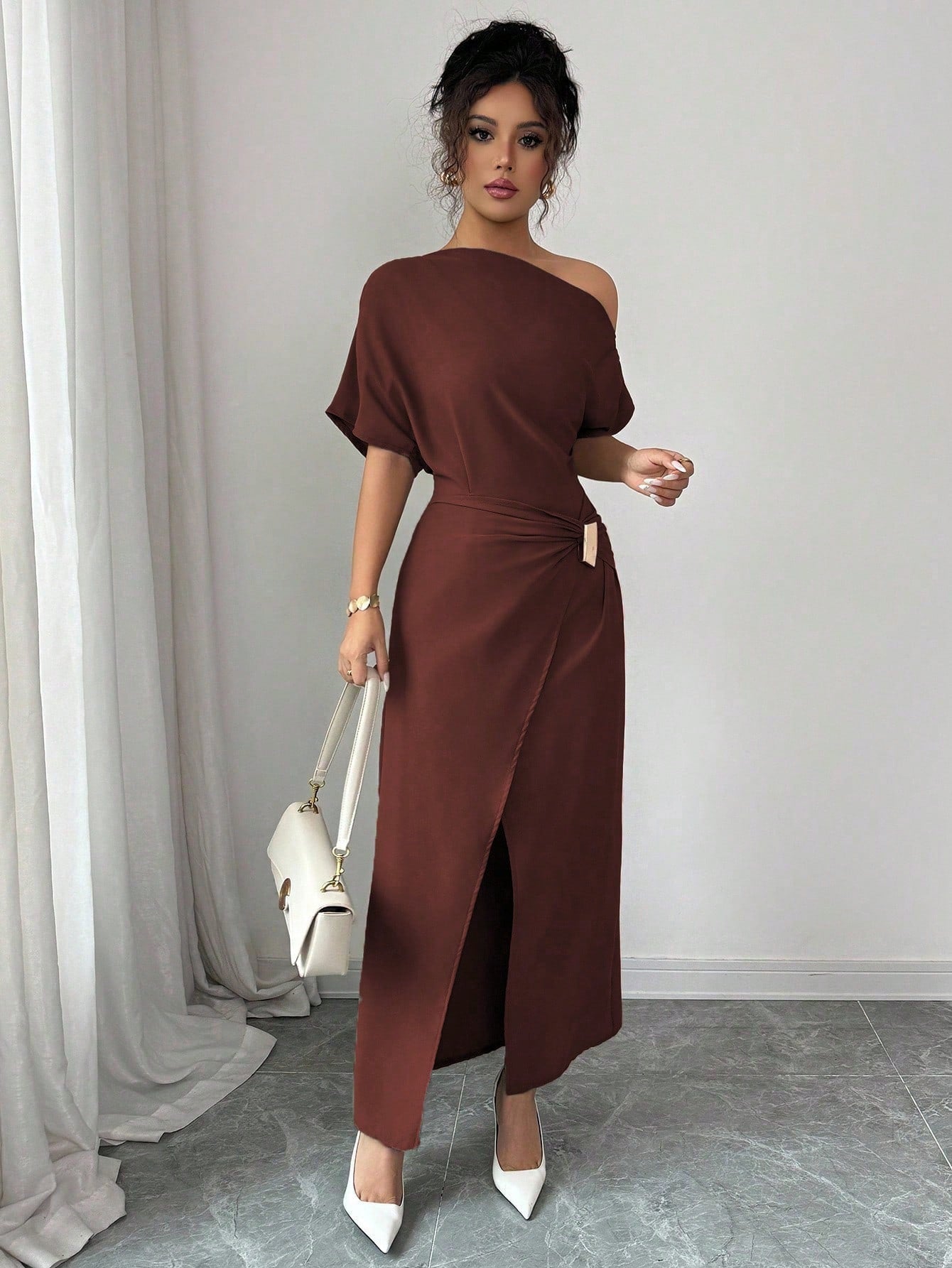 Spring Summer off the Shoulder Dress Women Solid Color Split Elegant Slim Fit Sheath Dress by Ragazza