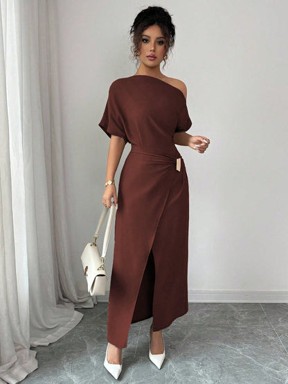 Spring Summer off the Shoulder Dress Women Solid Color Split Elegant Slim Fit Sheath Dress by Ragazza