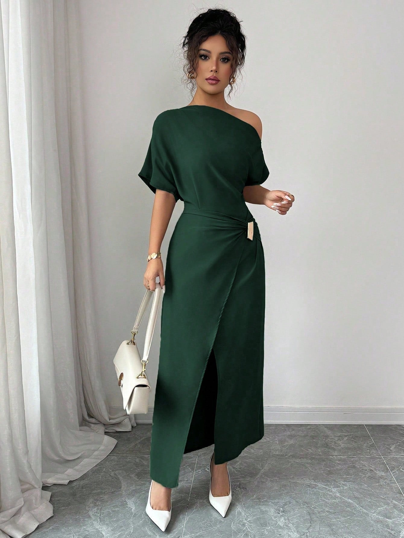Spring Summer off the Shoulder Dress Women Solid Color Split Elegant Slim Fit Sheath Dress by Ragazza