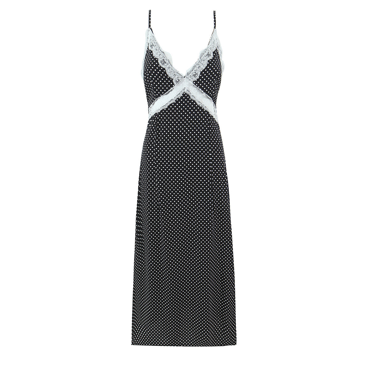 French Polka Dot Brace Maxi Dress Retro Sexy Slim V neck Lace Stitching Dress for Women Early Spring by Ragazza